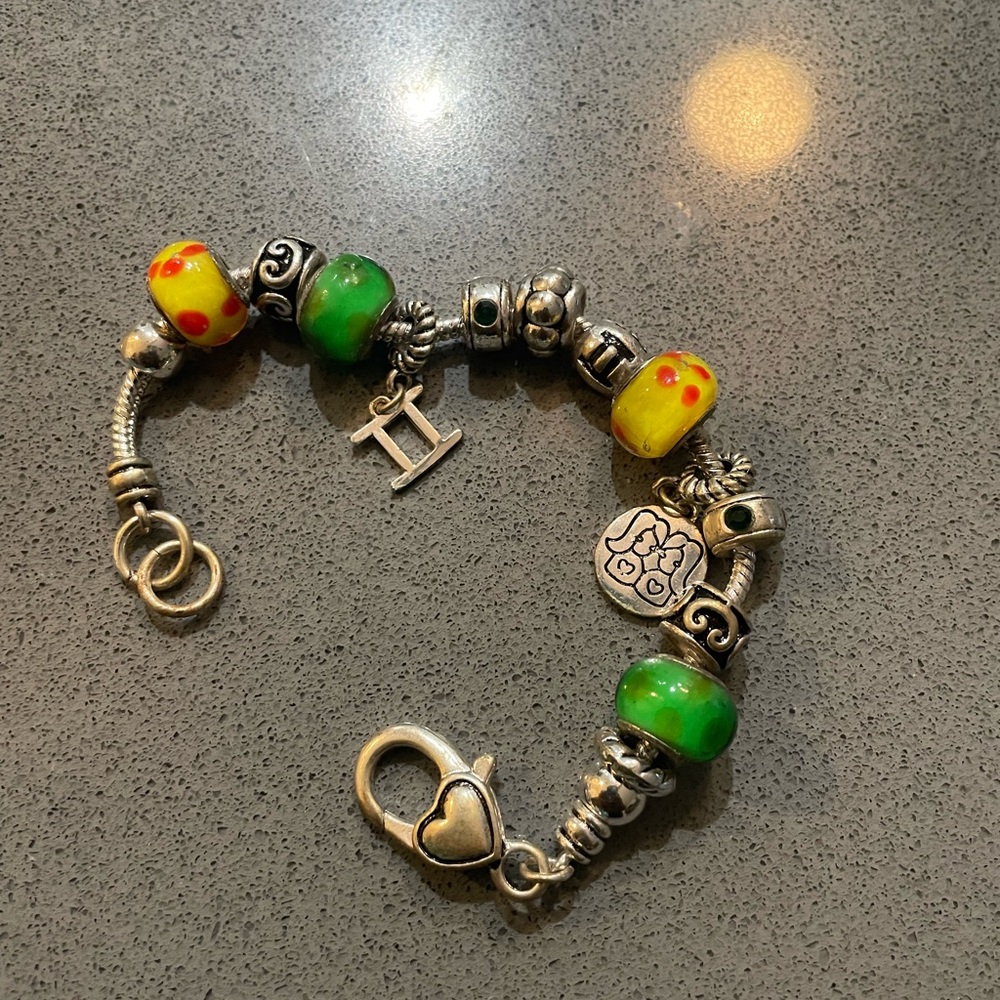 Silver Charm Bracelet with Yellow and Green Beads